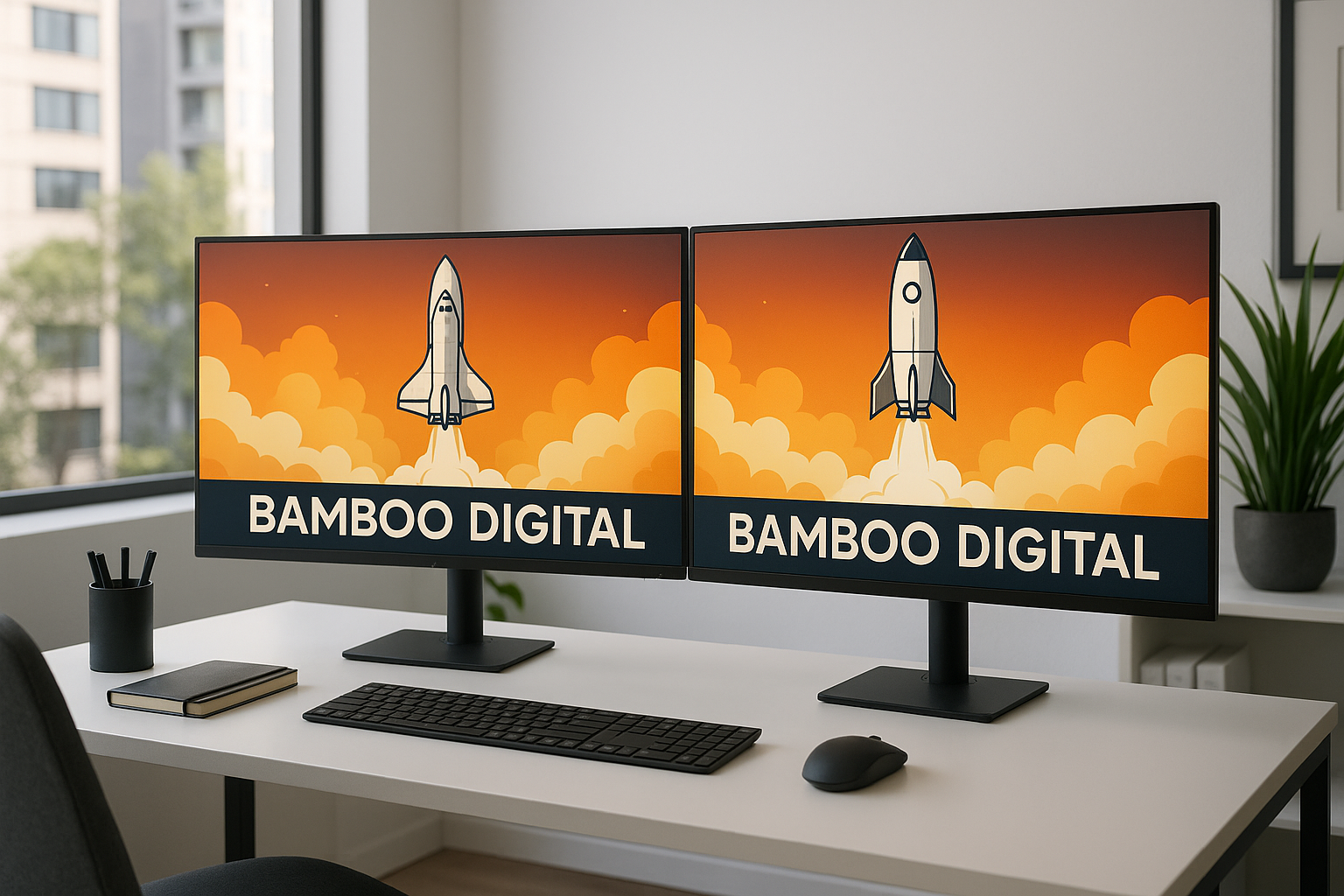 Two widescreen monitors with rocketships and Bamboo Digital